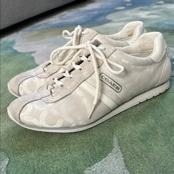 COACH Cream Kathleen Canvas + Suede Sneakers Size 8 - Picture 1 of 10